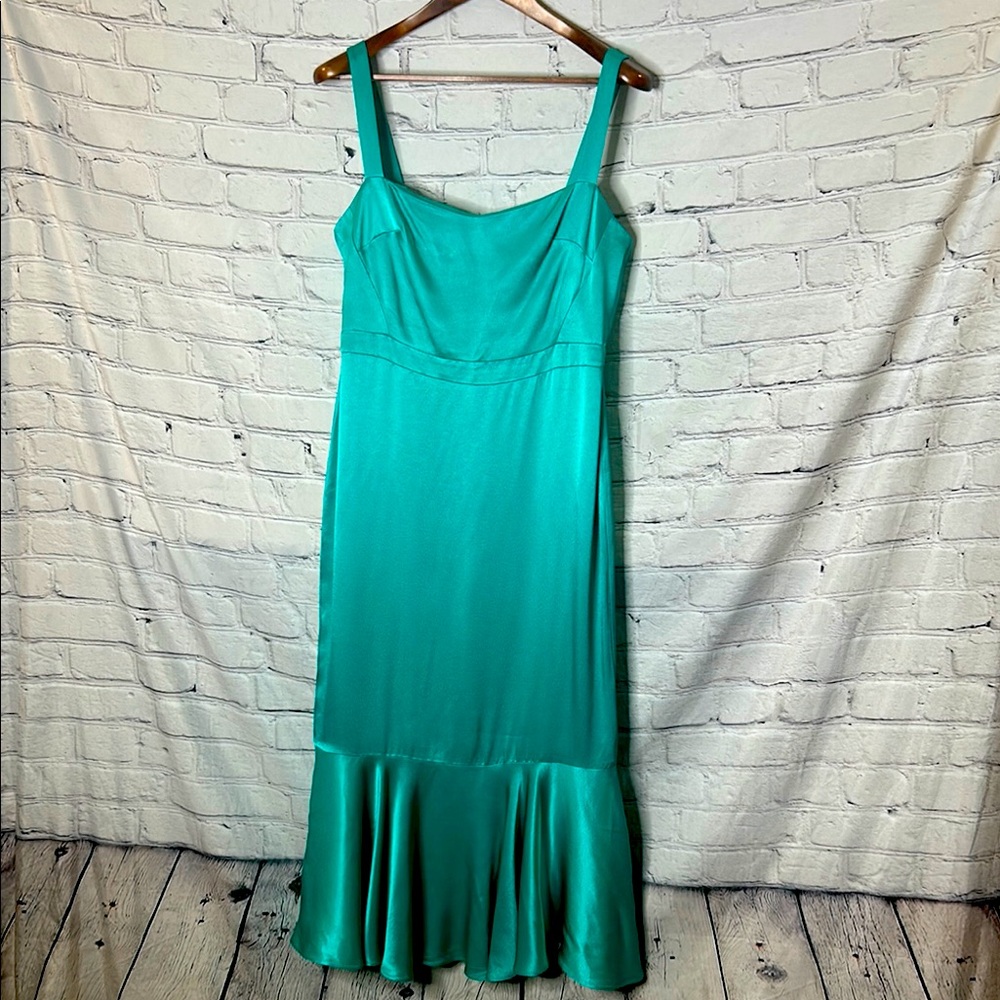 J. Crew Collection Green Satin-Like Ruffle Hem Dress Size 10 Excellent Condition